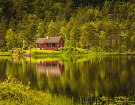 Red wooden cabin on the coast of a lake surrounded by trees.