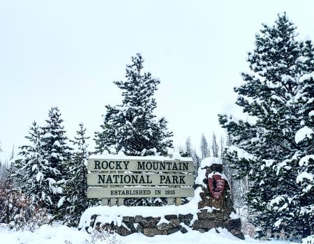 Snowy Rocky Mountain National Park Sign